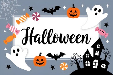 Halloween theme with ghosts, spider webs, and haunted house in celebratory design