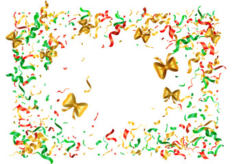 Abstract colorful confetti and golden bows background. Isolated on the white backdrop. Vector holiday illustration.