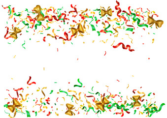 Abstract colorful confetti and golden bows background. Isolated on the white backdrop. Vector holiday illustration.