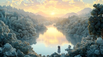 Lonely girl watching the sunrise over a magical river in a fantasy forest.