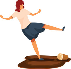 Young woman is losing her balance and falling down after stepping on a coffee puddle