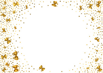 Abstract golden confetti and  scattered bows background. Isolated on the white backdrop. Vector holiday illustration.