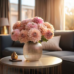 living room with peony flowers in a vase