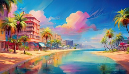 water with palm trees in sunny city