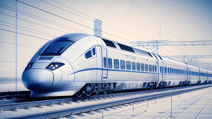 Fototapeta premium High Speed Train illustration in motion City Transport Subway Metro Vehicle Modern Infrastructure Blueprint Wireframe Aesthetic illustration white background