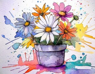 Watercolor painted happy colors flowers in pots
