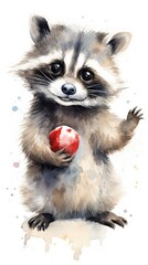 Cute raccoon holding an apple