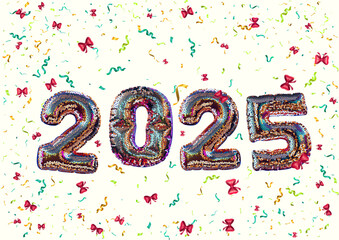 Obraz premium 2025 3d abstract colorful sequins confetti background. Isolated on the white backdrop. Vector holiday illustration EPS10. Happy New Year concept greeting card, banner.