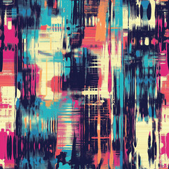 Obraz premium Digital glitch style seamless pattern, bold bright colors with black and pink. Tech style 