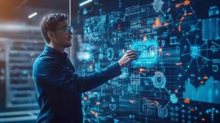 A visionary entrepreneur developing new growth strategies with a digital holographic interface, symbolizing innovation, creativity, and growth, photorealistic, hightech feel, 8k