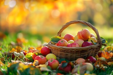 Basket of fresh apples on autumn grass with fallen leaves