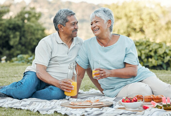 Outdoor, senior couple and happy with picnic for connection, bonding together and celebration of marriage. People, man and woman in retirement with commitment, food and nutrition in nature with smile