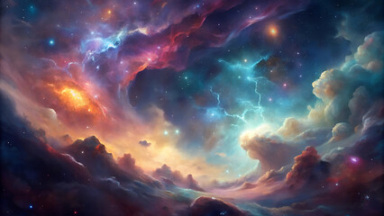 Obraz premium Cosmic Nebula Explosion with Colorful Stars and Clouds