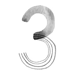 Watercolor number "3" in black and white with fluid strokes and smooth gradients. Ideal for creative projects, modern branding, and minimal design.
