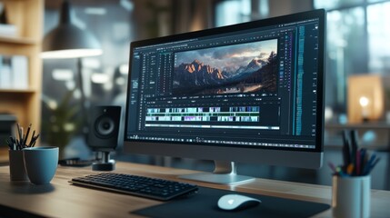 Naklejka premium This workspace highlights a sleek office desk with a computer monitor showcasing a video editing software interface, emphasizing a creative and productive environment