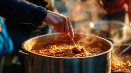 A person ladles a steaming hot meal from a large pot, providing nourishment to those in need during a community soup kitchen event on a cool day