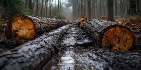 A muddy path with a few large logs on it. Concept Environmental Destruction, Impact of Deforestation, Climate Change, Clearcut Forests