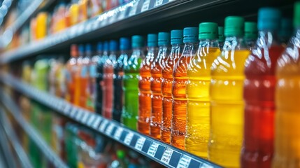 Rows of colorful beverages are displayed in a refrigerated section of a grocery store, highlighting the neat organization and variety of refreshing options available