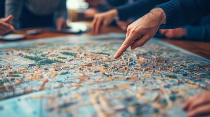 A group of participants is engaged in a discussion about urban planning, pointing at specific areas on a detailed city map laid out on a table