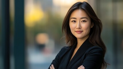 Fototapeta premium A confident Asian businesswoman stands outdoors with her arms crossed, smiling directly at the camera in a professional outfit, showcasing her self-assurance in a bright environment