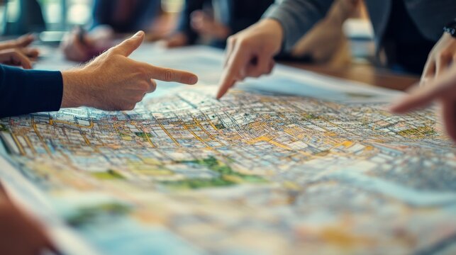 Participants are engaged in an urban planning meeting, actively pointing at a large map of the city while discussing various development sections and zones