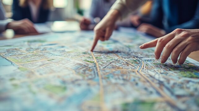 Participants actively discuss urban planning, pointing to various areas on a large map of the city, emphasizing collaboration and strategic planning