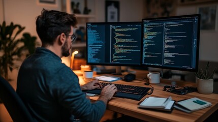A skilled programmer sits at a stylish wooden desk, intensely focused on writing code on dual monitors while surrounded by a contemporary workspace in the evening
