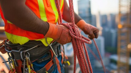 A construction worker, wearing a bright orange safety vest, is focused on gripping a rope tightly as he performs his duties at a high-rise site, surrounded by a city skyline