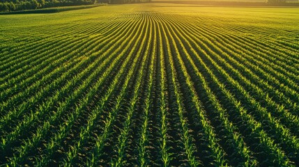 A high-angle view captures a sprawling cornfield with neatly arranged rows of tall maize plants bathed in warm light, highlighting the lush greenery of rural farmland