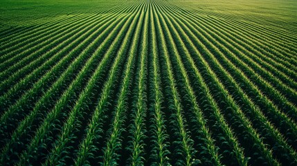 This wide aerial perspective reveals a lush cornfield with evenly spaced rows of tall maize plants thriving in bright sunlight on a clear day