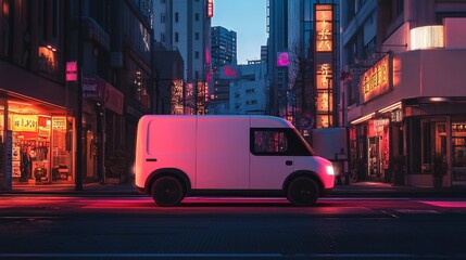 Obraz premium An autonomous delivery van moves silently through a tranquil city street at dusk, surrounded by glowing neon signs and the emerging evening ambiance