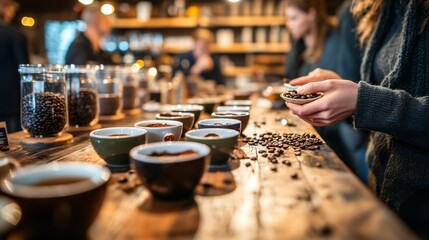 Participants enjoy a coffee cupping session in a cozy cafe, examining different brews and beans while engaged in conversation and tasting