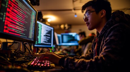 Fototapeta premium A participant intensely engages in coding at a hackathon, surrounded by multiple screens displaying complex programming tasks and a busy workspace filled with equipment