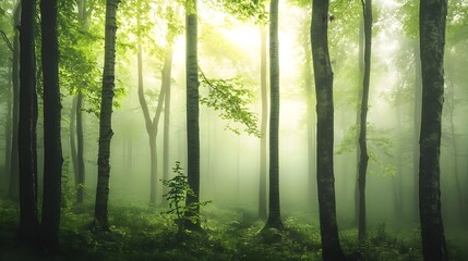 Obraz premium Enchanting Misty Forest with Lush Foliage and Tranquil Atmosphere
