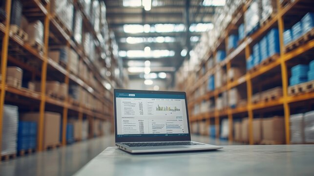 A laptop sits on a desk in a well-ordered warehouse, displaying inventory management software that assists in tracking stock and managing supplies effectively