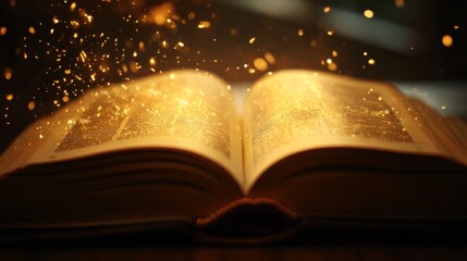 An open book reveals fluttering pages, gently illuminated by a warm, golden light that enhances the enchanting and cozy ambiance of the setting