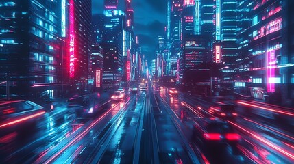 Fototapeta premium A futuristic city street at night with neon lights and speeding cars.
