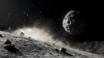 Asteroid Impact on Moon: An asteroid hurtling towards a barren moon, just before impact, with dust and debris starting to rise.
