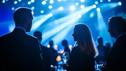 Attendees engage in lively conversations and enjoy cocktails at an elegant award ceremony, immersed in a vibrant atmosphere filled with colorful lights