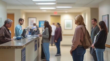A bustling hospital reception area features patients and visitors standing in line for check-in, seeking assistance from staff members during a busy daytime period