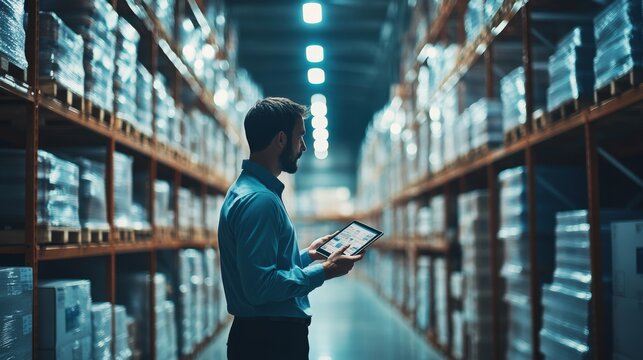 A logistics manager stands in a large warehouse, concentrating on a tablet that displays inventory data, surrounded by shelves filled with packaged goods