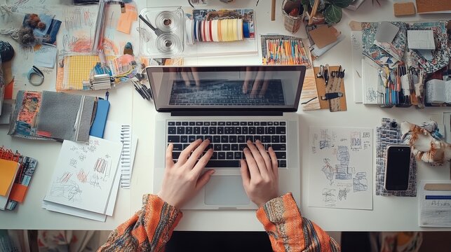 This workspace displays a laptop in use, surrounded by numerous notebooks, sketches, and various creative supplies, reflecting an active content creation process