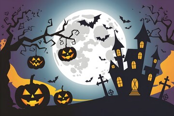 Large moon, castle, and bats enhance the eerie Halloween night