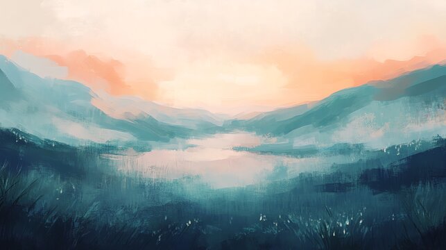 A picturesque landscape with a lake nestled between rolling hills at sunset.