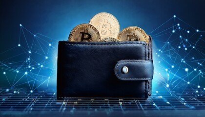 Wallet full of physical crypto currency coins and money on digital blue background