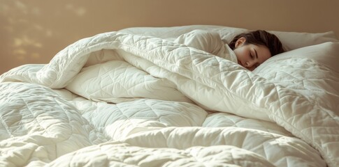 A woman is sleeping in a bed with a Embracing Weighted blanket. Concept Weighted Blankets, Restful Sleep, Calm Environment, Peaceful Rest, Sleep Comfort