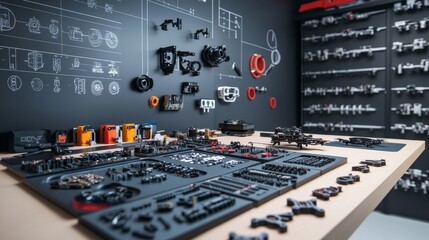 A workbench filled with organized drone parts in trays highlights the assembly process, enhanced by a backdrop of technical diagrams and tools for efficient work