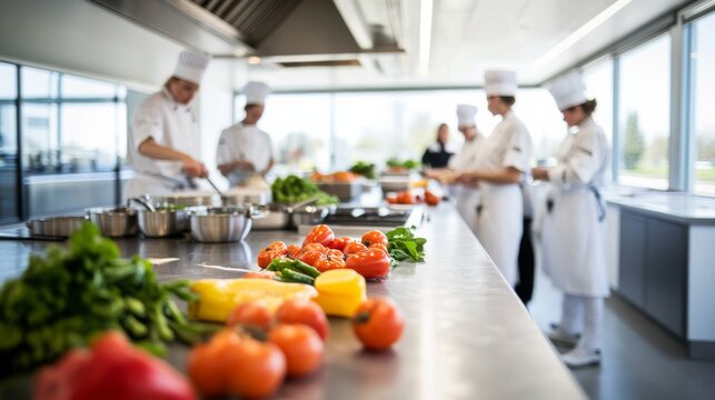 Four chefs work together in a spacious, well-lit kitchen, preparing dishes with fresh vegetables and ingredients laid out on the counter, showcasing teamwork in culinary arts