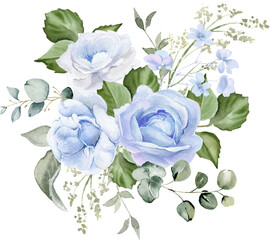 Watercolor floral illustration. Blue flowers and eucalyptus greenery bouquet.  Winter floral clipart. Dusty blue roses, hydrangea, peony for Wedding stationary, Christmas card
