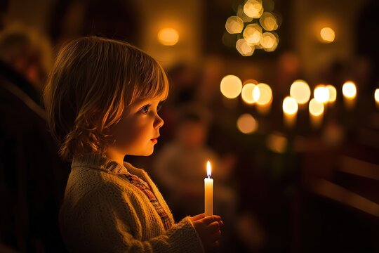 Child Holding Candle in Peaceful Christmas Eve Service Ambiance for Holiday Cards and Posters